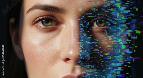 Woman's face transitioning into digital pixels, symbolizing technology's growing influence on identity and appearance in the modern world.