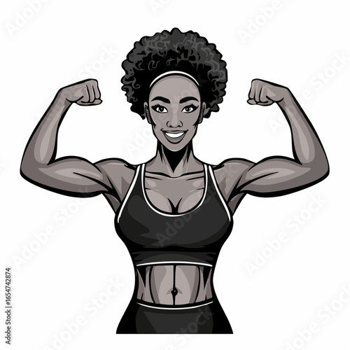 Strong Athletic Woman Confidently Flexing Her Biceps in a Bold Vector Illustration