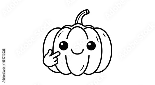 Cute pumpkin cartoon in black and white pointing to cheek