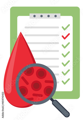Blood hemoglobin tests. Hematology concept with red blood cell in drop and magnifying glass