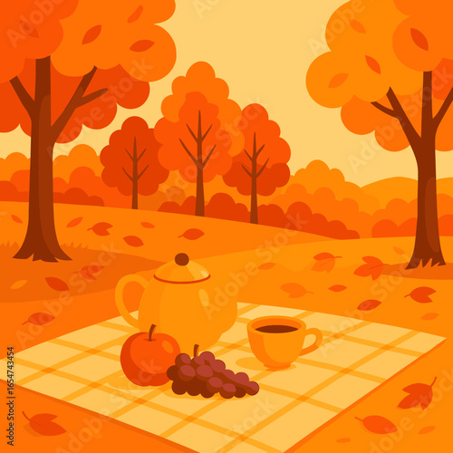 Autumn Picnic: Fall Leaves, Tea, Fruit, Cozy Outdoor Scene