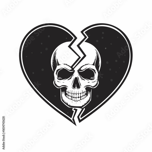 Vector Illustration of a Heart Broken with a Skull Symbol, Representing Heartache and Pain