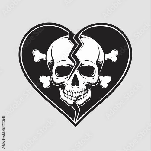 Vector Illustration of a Heart Broken with a Skull Symbol, Representing Heartache and Pain