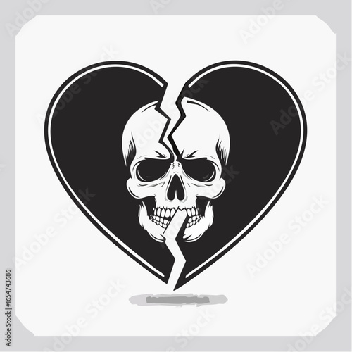 Vector Illustration of a Heart Broken with a Skull Symbol, Representing Heartache and Pain