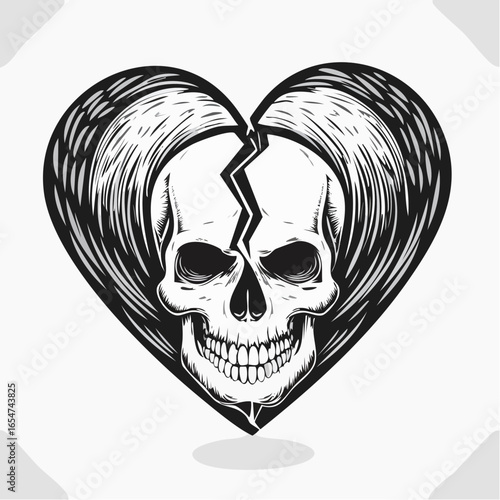 Vector Illustration of a Heart Broken with a Skull Symbol, Representing Heartache and Pain