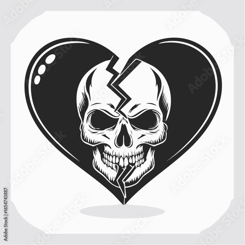 Vector Illustration of a Heart Broken with a Skull Symbol, Representing Heartache and Pain