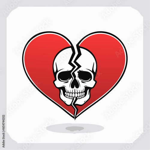 Vector Illustration of a Heart Broken with a Skull Symbol, Representing Heartache and Pain