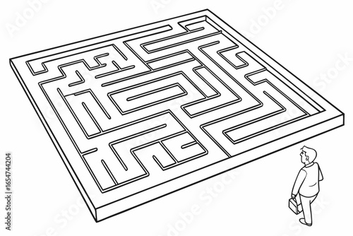 A man stands before a complex maze, contemplating the challenge ahead