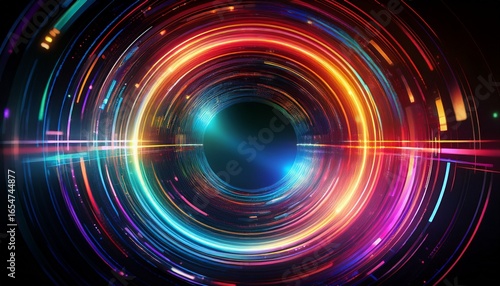 vibrant circular light effects with various hues and blurred motion lines resembling the appearance of digital glitch art