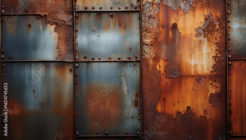 close up view of weathered and oxidized metal panel wall with rust and texture