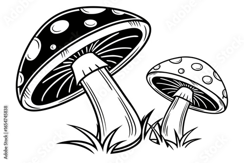 Two mushrooms with spots isolated on white background in black and white