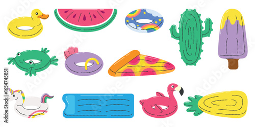 Cartoon rubber rings and mattress. Isolated inflatable ring for swimming in pool, sea or ocean. Swim accessories for children neoteric vector set