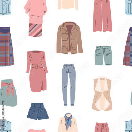 Clothes seamless pattern. Stylish shorts, pants, jeans. Dress and jacket, fashion vest. Isolated trendy outfit elements, print, vector background