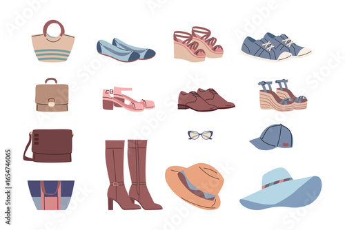 Fashion accessories. Bags, shoes boots sneakers sandals. Leather purse and textile shopping bag, summer hat cap and eyeglasses, vector clipart