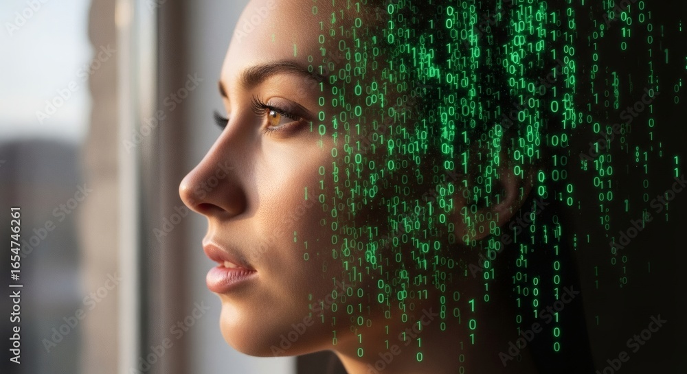 A woman's digital transformation is captured with a cascade of binary code, symbolizing technology's influence on identity and perception. A woman's digital transformation is captured with a cascade of binary code, symbolizing technology's influence on identity and perception.