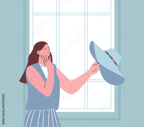 Girl trying on hat. Stylish young woman choosing accessory for her head. Fashionable look, new outfit for walking. Female hold hat vector scene