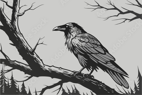 Detailed illustration of a raven perched on a branch in a forest background