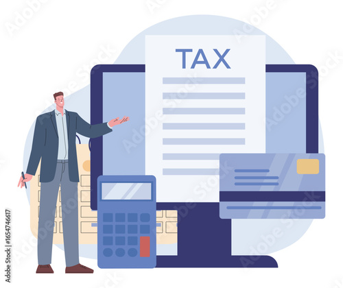 Time to pay taxes and file tax returns. Accountant man with calculator, calendar, credit card. Personal or company annual financial report, vector concept
