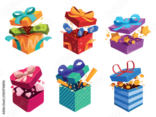 Game boxes with bonuses. Surprise box with money coins stars hearts inside. Elements for ad banners, gift in quiz in store or at party, prizes sapid vector set
