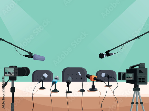 Interior press conference studio. Place for briefing, interview, self person presentation or news report. Chairs, cameras, microphones sapid vector scene