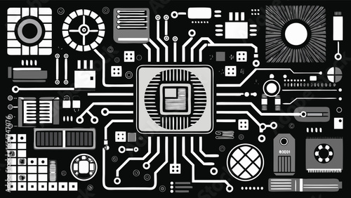 Digital vector image of a circuit board background, highlighting complex circuits and electronic components in a seamless design..eps