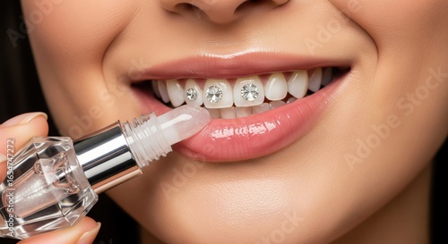 Close-up of smile with tooth gems applying shiny lip gloss