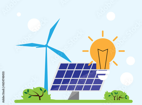 Light Bulb with Solar Panel and Wind Turbine Flat Style. Renewable energy sources and protecting the environment vector art