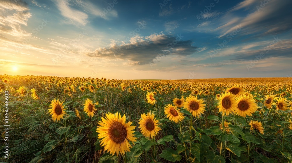 Obraz premium Sunflowers field at sunset