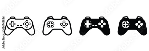 set of game controllers, outline and solid black, isolated on white background.