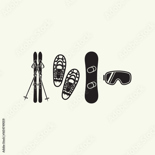 Winter sports: skis, snowshoes, a snowboard, and goggles, black filled silhouettes
