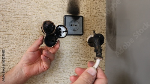 Male hands showing burnt wire with plug and tee against burnt socket on brown wallpapered wall, consequences of small fire due to electrical faults.