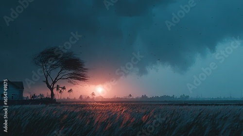 Dark storm clouds over wilderness before tempest, dramatic wide-angle nature scene for climate education and environmental design backgrounds