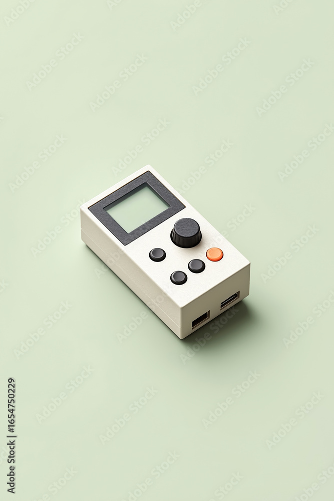 Fototapeta premium Compact solar charge controller with small digital display and input output ports, top view, on pastel background