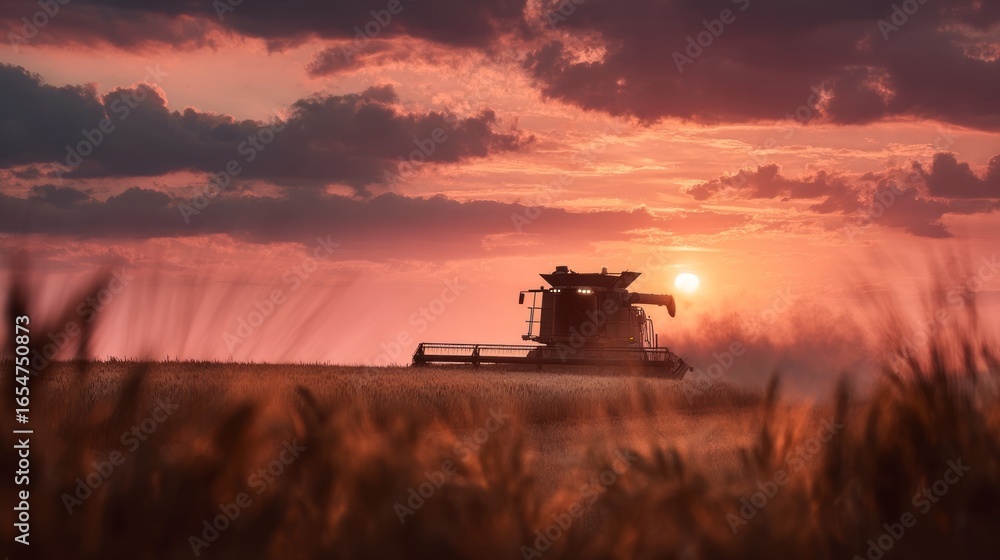 Fototapeta premium Sunset over wheat field with combine harvester