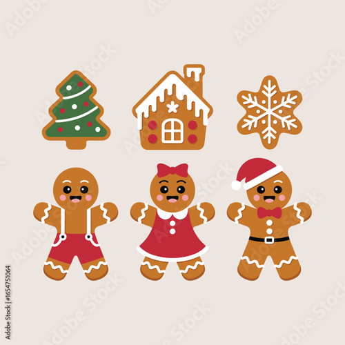 Cute gingerbread cookies with Christmas tree, snowflake, and gingerbread house, festive holiday decorations, traditional Christmas sweet treats vector illustration.
