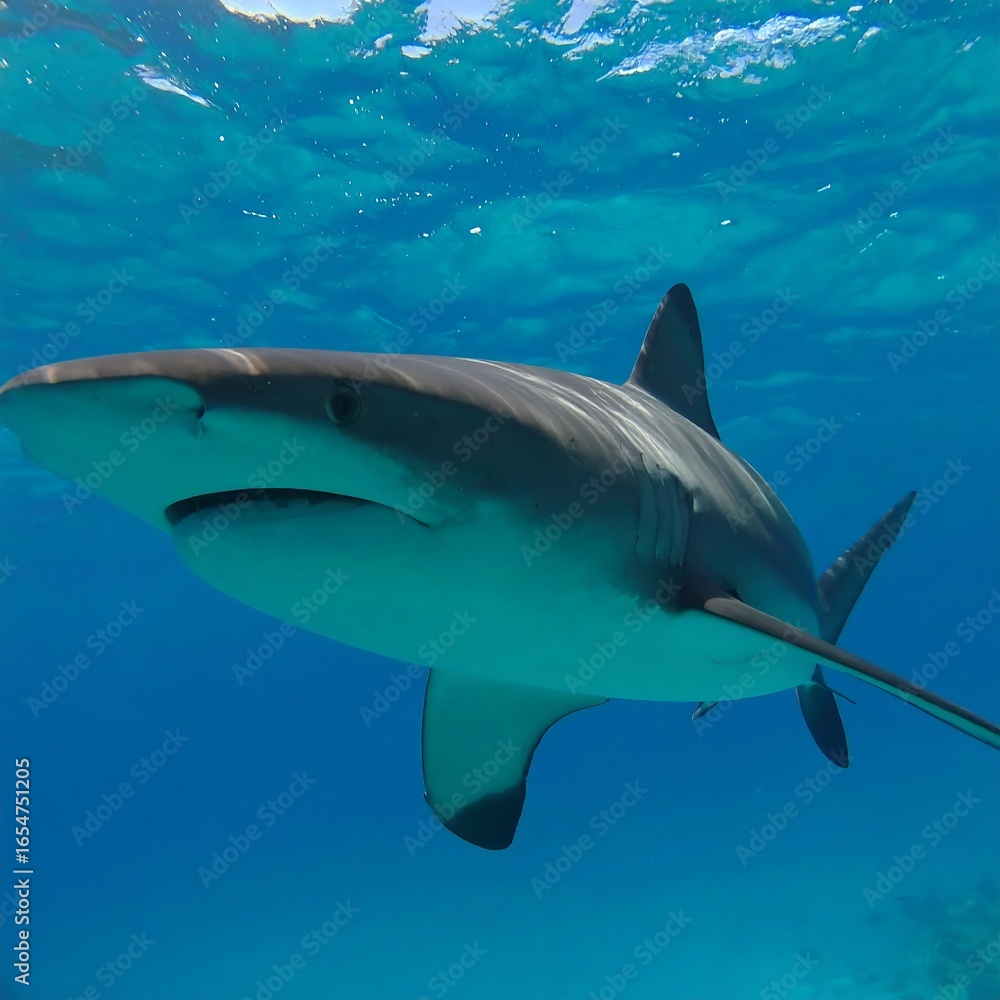 Obraz premium Underwater close-up of a shark swimming in clear blue water