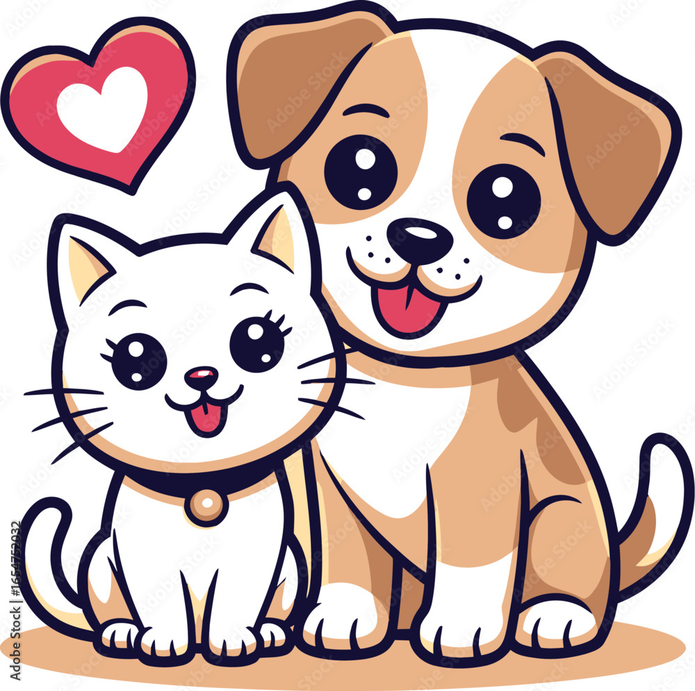 Fototapeta premium A cute cartoon illustration featuring an adorable white cat and a friendly dog showcasing their companionship and joy.