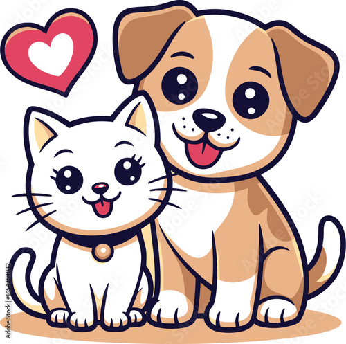A cute cartoon illustration featuring an adorable white cat and a friendly dog showcasing their companionship and joy.