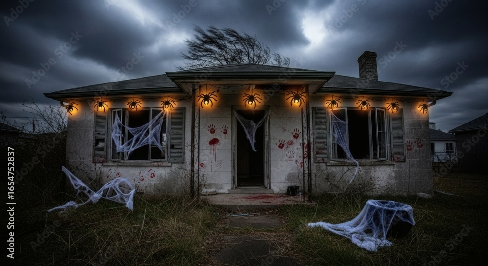Obraz premium Eerie Halloween house with spider lights, fake blood, and spiderwebs under a moody sky. A creepy and spooky decoration.