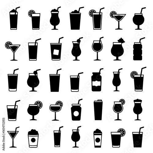Assorted Drink and Cocktail Glass Silhouette Icons Set.