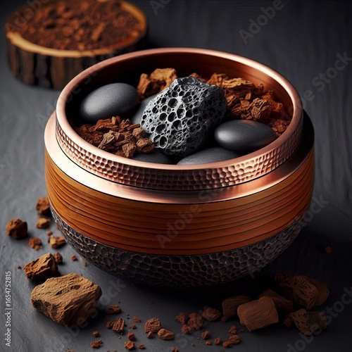 Hinoki stone with hammered copper