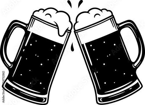 Black and white illustration of two beer mugs toasting.