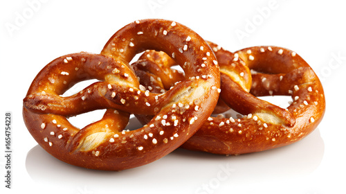 Two delicious golden brown pretzels sprinkled with salt isolated on white background
