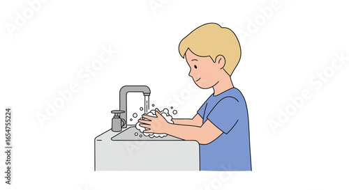 Young boy carefully washing hands with soap at sink for hygiene and health safety measures guidance