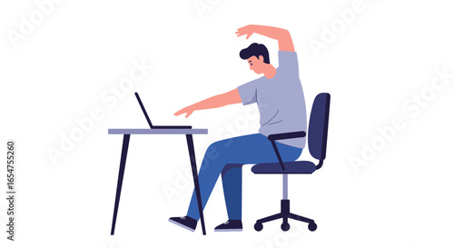 Ergonomic break reminder, man stretching at desk for wellness, office worker relaxing from screen, healthy lifestyle