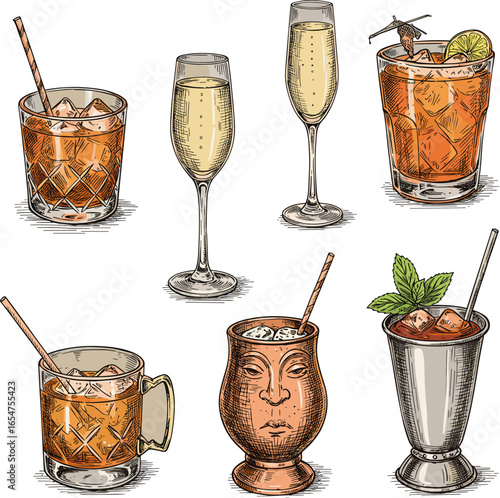 Handdrawn vintage illustration of classic alcoholic cocktails.