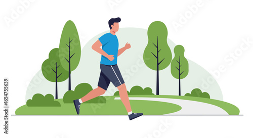 Active man jogging through a serene park, embracing wellness and a healthy lifestyle outdoors in nature