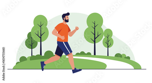 Active man jogging in park, embracing fitness and wellness outdoors, vector illustration for healthy lifestyle