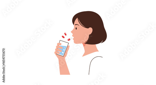 Woman taking medication with water for health and wellness, feeling healthy and strong at home