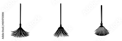 Different designs of cleaning brooms displayed in a minimalist style on a plain background